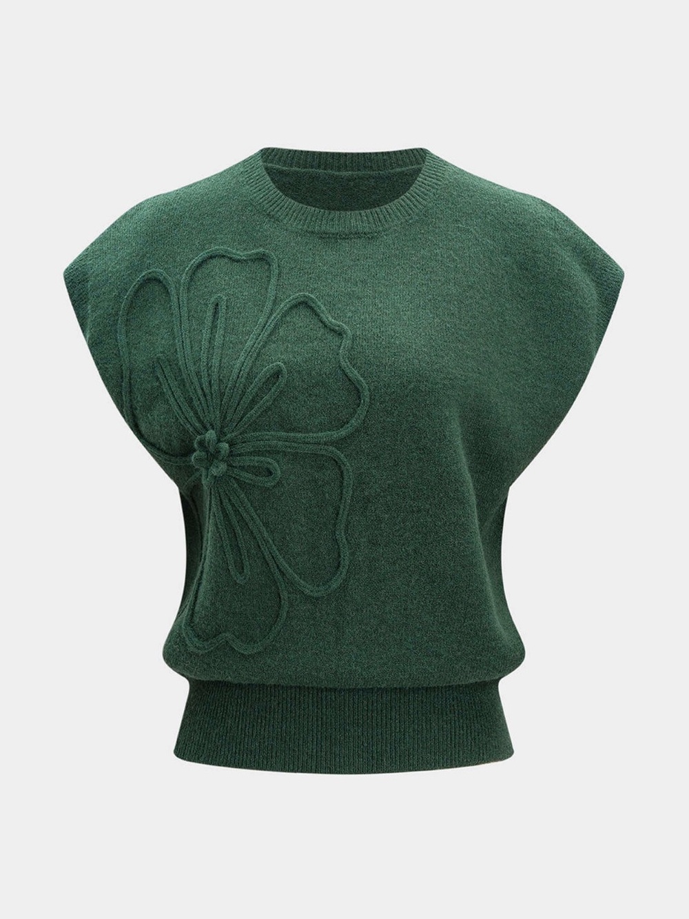 MICAS Dark Green Floral Applique Sleeveless Knit Top